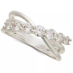 Silver-Tone Cubic Zirconia Crossover Ring in gift box. Size 5 to 8